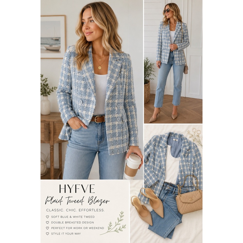 HYFVE Blue White Plaid Tweed Double Breasted Blazer Jacket Womens S Quiet Luxury